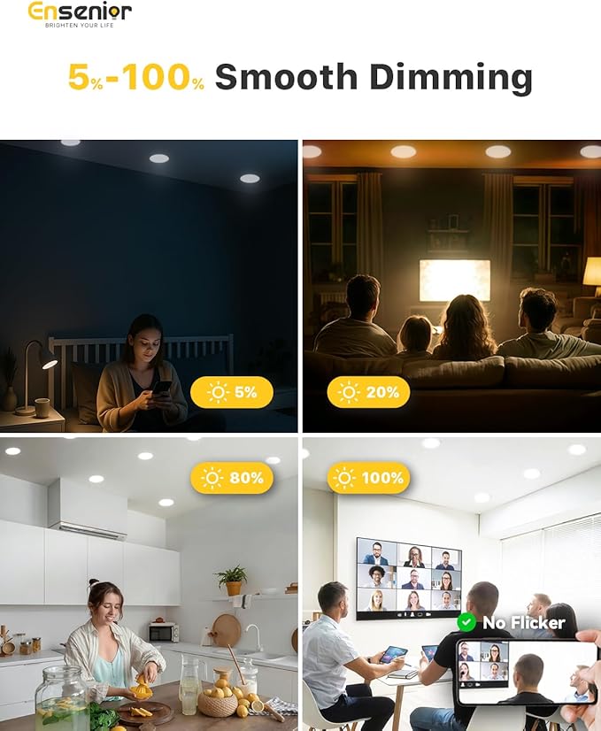 Ensenior 12 Pack 7 Inch LED Recessed Ceiling Light, Dimmable, 2700K-5000K 5CCT, 1600LM 15W 120V, High Brightness Canless Wafer Downligh