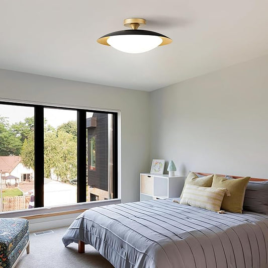 Dimmable Modern Mid-Century Ceiling Light, Black and Gold LED Semi Flush Mount Ceiling Light, 5CCT 2700K-6000K Lighting Fixture Ceiling Lamp with Glass Shade for Bedroom Kitchen Living Room, 15.7in