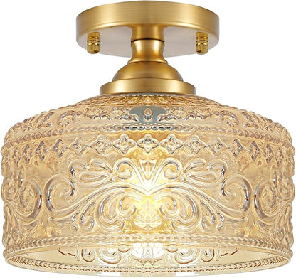 Daunton Small Semi Flush Mount Ceiling Light Fixture, Vintage Gold Close to Ceiling Lighting with Amber Etched Glass Shade for Hallway, Kitchen, Entryway (Retro Design, Easy Install)