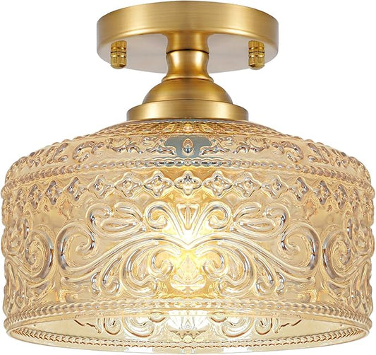 Daunton Small Semi Flush Mount Ceiling Light Fixture, Vintage Gold Close to Ceiling Lighting with Amber Etched Glass Shade for Hallway, Kitchen, Entryway (Retro Design, Easy Install)