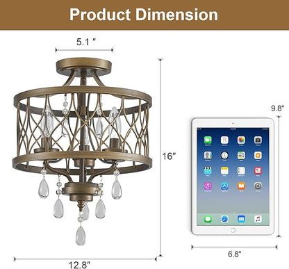Farmhouse Crystal Ceiling Light Fixture, 3-Light Semi Flush Mount Crystal Chandelier Light Fixture Rustic Vintage Bronze Pendant Ceiling Lamp for Hallway Corridor Kitchen Entryway Bedroom Living Room