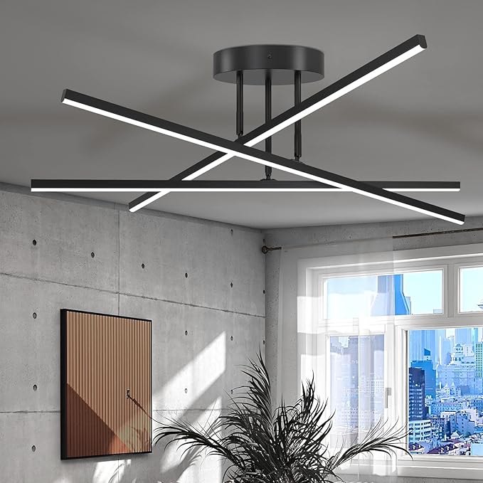 Modern LED Chandelier 24W Dimmable Black Semi Flush Mount Ceiling Light Fixture for Kitchen Dining Room Foyer Entry, 23.82"