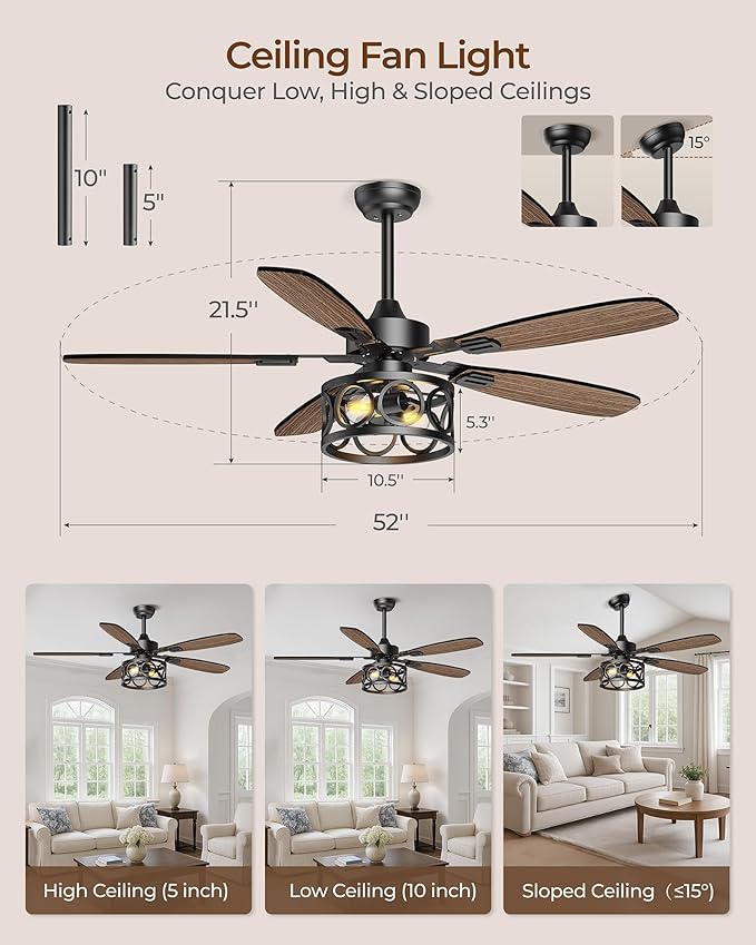 Ceiling Fans with Lights and Remote, 52'' Vintage Caged Ceiling Fan with Light, 5 Blades, 6+1 Speed, Flush Mount Ceiling Fan Whisper-quiet for Farmhouse, Living Room, Kitchen and Porch (52 Inch)
