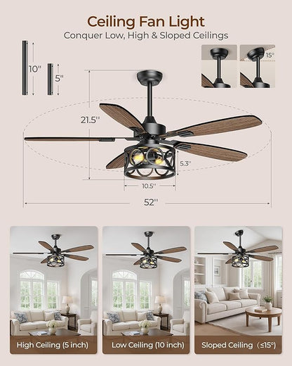 Ceiling Fans with Lights and Remote, 52'' Vintage Caged Ceiling Fan with Light, 5 Blades, 6+1 Speed, Flush Mount Ceiling Fan Whisper-quiet for Farmhouse, Living Room, Kitchen and Porch (52 Inch)