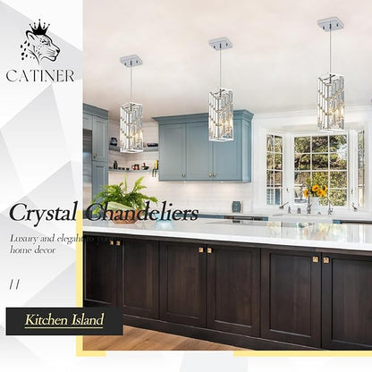 CATINER Chrome Crystal Pendant Lights 3 Pack, Mini Hanging Pendant Lighting Fixture with Adjustable Cord, Modern Kitchen Island Pendant Lights for Dining Room, Bedroom, Hallway, E26 Base