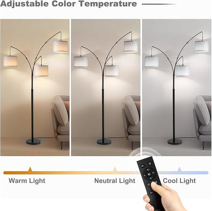 Floor lamp with Remote, 3 Light Arc Floor Lamps for Living Room, 2400LM Tall Standing Floor Lamps with Gray Shades, 80" Large Floor Lamp for Bedroom, Office