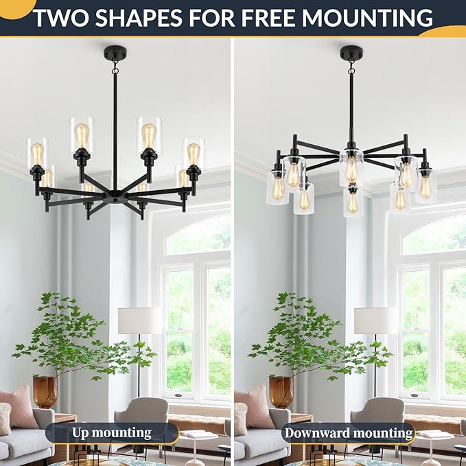 LIGHTDAMY Black Chandeliers for Dining Room Light Fixture, Modern Farmhouse Chandelier, 8 Lights with Clear Glass Shade Industrial Hanging Lighting for Living Room Kitchen Island Bedroom