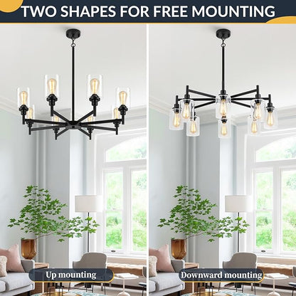 LIGHTDAMY Black Chandeliers for Dining Room Light Fixture, Modern Farmhouse Chandelier, 8 Lights with Clear Glass Shade Industrial Hanging Lighting for Living Room Kitchen Island Bedroom