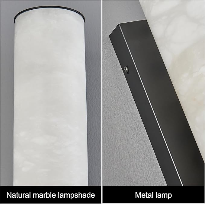 LMQNINE Natural Alabaster Wall Sconces Set of Two Spanish Marble Wall Light Cylinder Modern Black LED Sconce for Living Room Bedroom Bathroo Stairs（M-2Pack）