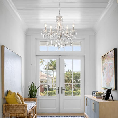 AMZASA Crystal White Chandelier, Ceramic White Hanging Pendant Light,Crystals Pendant and Glass Dish,5 Light Crystal Chandeliers for Ceiling Medallions,Wedding,Dining,Kitchen, Foyer,Mini