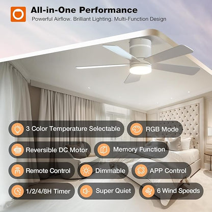 addlon RGB Ceiling Fans with Light, 42‘’ Low Profile Flush Mount Small Ceiling Fan, Remote Control/APP Control, Reversible, Sleek Modern Fan for Bedroom, Living Room, Kids Room, Indoor/Outdoor, White