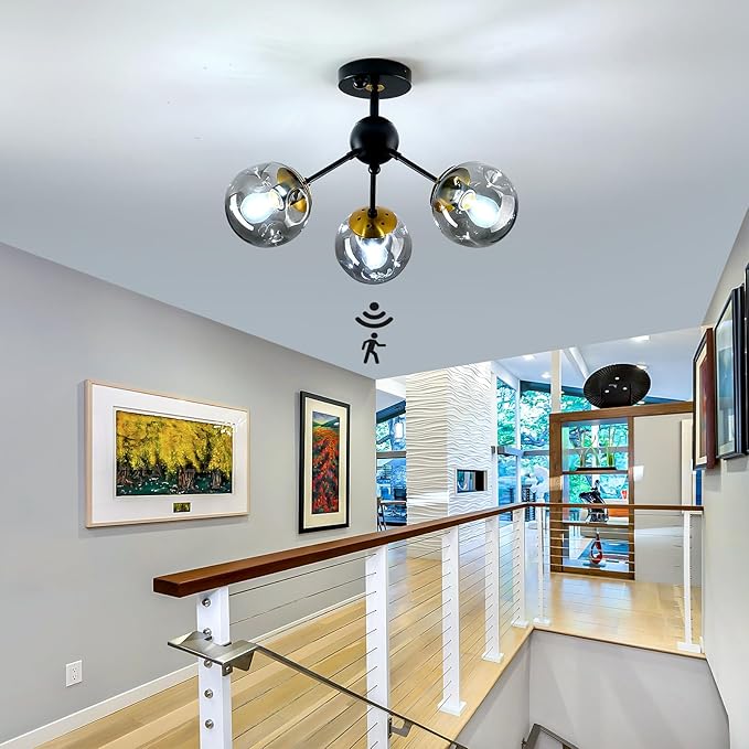 Motion Sensor Light Indoor 3-Light Vintage Semi Flush Mount Ceiling Light Fixture with Glass Globe Black Chandelier for Closet Hallway Stairway Porch Entryway