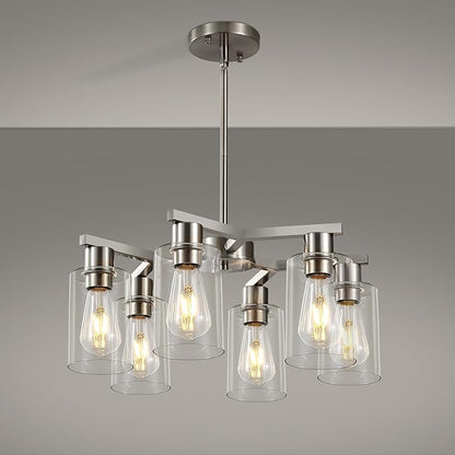 6-Light Farmhouse Brushed Nickel Chandelier,Modern Chandeliers for Dining Room Light Fixture Over Table,Adjustable Hanging Industrial Rustic Pendant Lights for Kitchen Island with Clear Glass Shade
