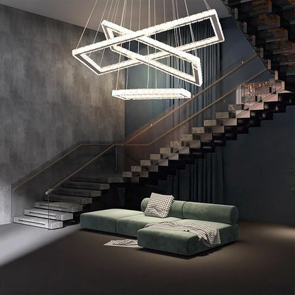 Finktonglan Dimmable Crystal Chandelier, Modern 3 Rectangular Ring LED Pendant Light with Remote & App Control, 31.4" Adjustable Hanging Height, 2500K-6500K, Kitchen Island Dining Room Stairwell Foyer