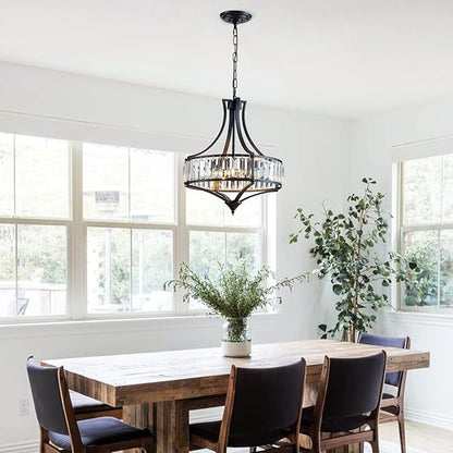 Crystal Chandeliers for Dining Room, Modern Black Crystal Chandelier Light Fixture, Round Rustic Farmhouse Hanging Light for Living Room Kitchen Hallway Bedroom Foyer, 15.7 Inch, 4-Light