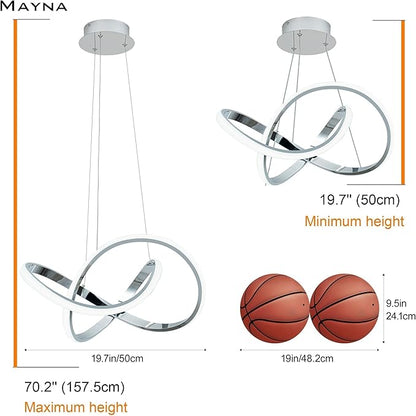 MAYNA Modern LED Chandelier for Dining Room, Dimmable LED Pendant Light with Remote, Irregular Infinity Light Fixture for Kitchen Island, 3 Color Changeable Chandelier, Chrome 19.7 inch