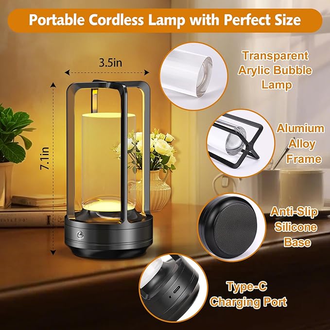 Portable Table Lamp for Outdoor Indoor: Cordless Rechargeable Desk Lamp with 3 Color Stepless Dimmable - Metal Battery Operated Lantern Light for Bedroom/Bar/Coffee Shop/Camping (Graphite)