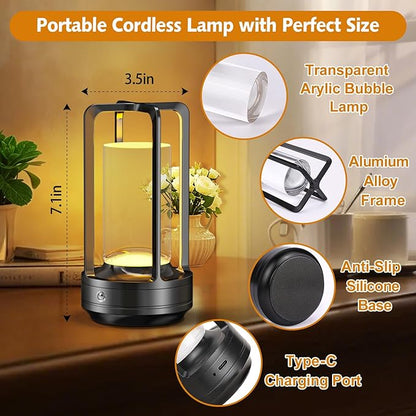 Portable Table Lamp for Outdoor Indoor: Cordless Rechargeable Desk Lamp with 3 Color Stepless Dimmable - Metal Battery Operated Lantern Light for Bedroom/Bar/Coffee Shop/Camping (Graphite)