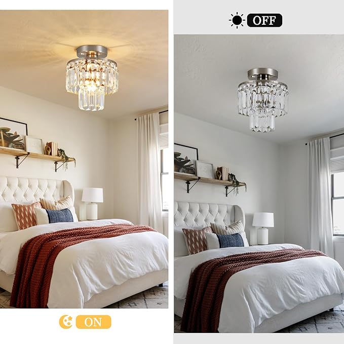 Crystal Ceiling Chandelier,Mini Chandelier Light Fixture with K9 Crystals,Brushed Nickel Finish for Living Room Entryway Bedroom Laundry Room,1-Light E26 Base
