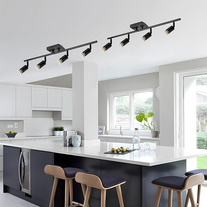 4-Light GU10 Track Lighting, Black Adjustable Ceiling Spot Light Kit, Industrial Flush Mount LED Track Light for Kitchen, Hallway, Living Room