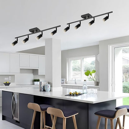 4-Light GU10 Track Lighting, Black Adjustable Ceiling Spot Light Kit, Industrial Flush Mount LED Track Light for Kitchen, Hallway, Living Room
