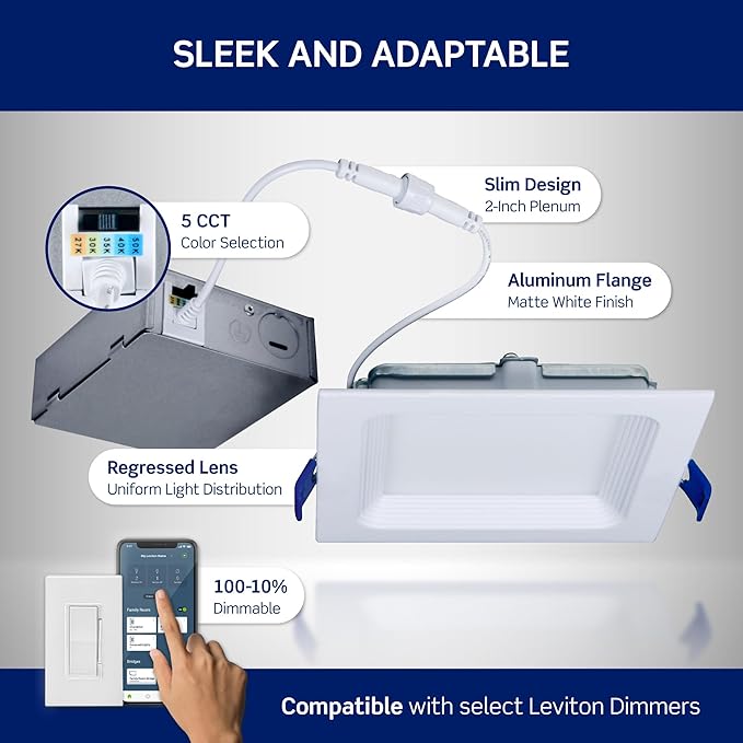 Leviton 6 in. Square Baffle Slim Downlight, 1100 Lumens, 5 CCT Color Selectable 2700K-5000K, Dimmable, DBS60-S1W, White