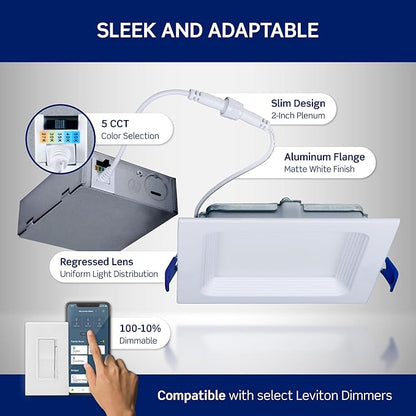 Leviton 6 in. Square Baffle Slim Downlight, 1100 Lumens, 5 CCT Color Selectable 2700K-5000K, Dimmable, DBS60-S1W, White