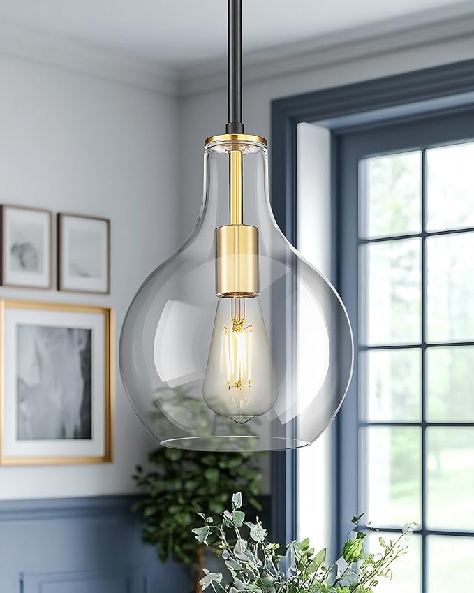 Emak Black and Gold Pendant Lights Kitchen Island, 8 Inch Pendant Light Fixtures with Clear Glass Shade, Modern Farmhouse Island Lights for Kitchen, Dining Room, Bathroom, PL125-BKBGD-CG