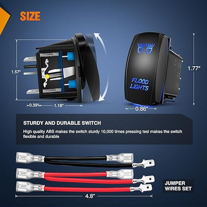 Nilight Flood Lights Rocker Switch Led Light Bar 5 Pin Laser On Off SPST Switches 20A/12V 10A/24V Blue with Jumper Wires Set for Cars Trucks Boats ATVs UTVs RVs