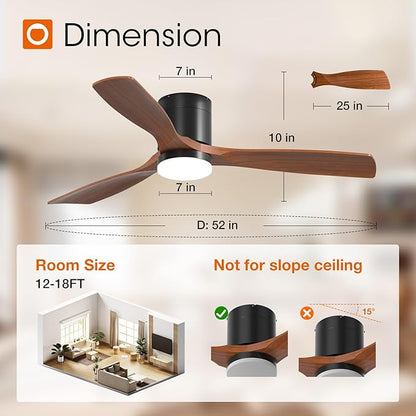 addlon 52 inch Ceiling Fans with Lights, Low Profile Ceiling Fan with Light and Remote Control, Flush Mount, Reversible, 3 Wood Blades, 3CCT Dimmable, Black Walnut Ceiling Fan for Indoor/Outdoor Use