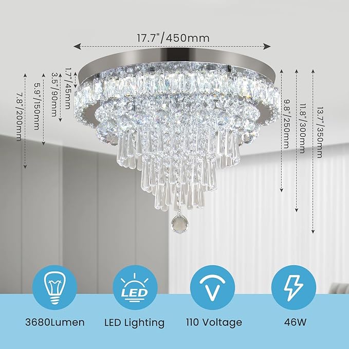FRIXCHUR Crystal Chandeliers LED Crystal Ceiling Light Fixture with Remote Large Flush Mount Chandelier Ceiling Light for Living Room Bedroom Kitchen (Dimmable)