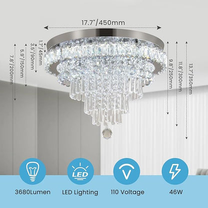 FRIXCHUR 17.7" LED Crystal Chandelier Modern Crystal Ceiling Light Fixture Large Flush Mount Chandeliers Ceiling Lighting for Living Room Bedroom Kitchen (6500K Cool White)
