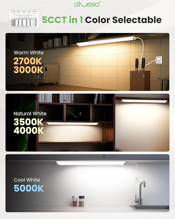 ALUSSO 24 Inch LED Under Cabinet Lighting Plug in 120V, 5CCT Color Selectable 2700K-5000K Dimmable 15W 1200LM High Brightness, CRI 90+ Strip Linkable Under Counter Lights for Kitchen Sink, 1 Pack