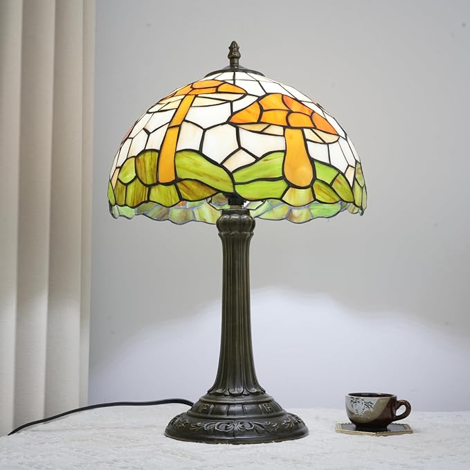 Tiffany Style Table Lamp with Brown Mushrooms Stained Glass Lamp 12 Inch Retro Bronze Base Bedside Lamp Living Rooms, Offices, Stores. Village Life Style Decorative Ambient Light Bedside Lamp