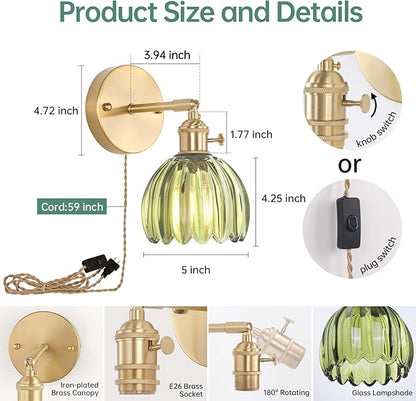Shenmoyl Plug in Wall Sconce, Green Tulip Glass Lampshade Wall Light Plugin Corded for Bedside Bedroom Doorway