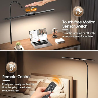 Syrinx LED Floor Lamp, 18W 2000LM Bright Reading Floor Lamp for Office, Gesture & Remote Control, Dual Head Goose-Neck Standing Lamp, Dimmable Brightness & Color Temp, Eye Caring Light for Living Room