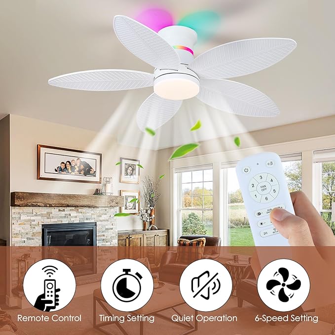 Tropical Palm Leaf RGB Ceiling Fans with Lights 46”, White Flush Mount Ceiling Fan with Light and Remote, 3CCT Dimmable LED&&Side RGB Light, Reversible 6 Speeds, Quite Low Profile Ceiling Fan Party