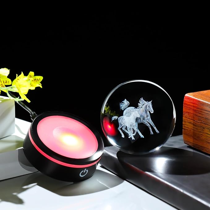 YWHL 3D Horse Figurine Crystal Ball with Colorful Light Base, Glass Horse Gifts for Women Girls on Birthday Christmas, Laser Engraved Horses Statue Sphere Decor for Home Office(80mm)