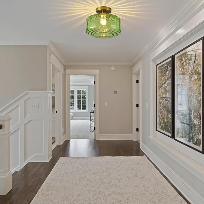 Green Glass Semi Flush Mount Ceiling Light, Luxury Close to Ceiling Light Fixtures with Glass Shade, 11" Round Light Fixtures Ceiling Mount for Bathroom Dining Room Bedroom Living Room Hallway, E26