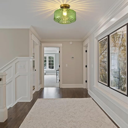 Green Glass Semi Flush Mount Ceiling Light, Luxury Close to Ceiling Light Fixtures with Glass Shade, 11" Round Light Fixtures Ceiling Mount for Bathroom Dining Room Bedroom Living Room Hallway, E26