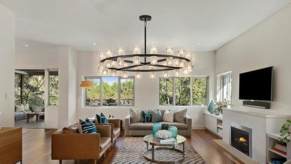 36 Inch Black Crystal Wagon Wheel Chandelier, Modern Farmhouse Round 36-Lights Pendant Lighting Fixture, for High Ceilings Living Room, Bedroom, Foyer
