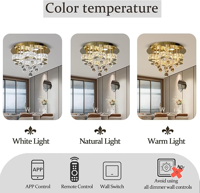 Flashing God 16" Gold Crystal Chandelier Semi Flush Mount Ceiling Light Crystal Close to Ceiling Light Fixtures for Bedroom Living Room Kitchen Hallway Dimmable Lighting 2700k 4500k 6000k