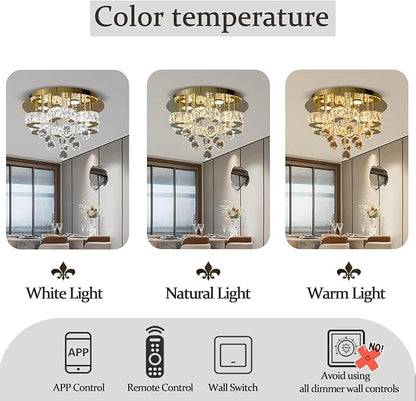 Flashing God 16" Gold Crystal Chandelier Semi Flush Mount Ceiling Light Crystal Close to Ceiling Light Fixtures for Bedroom Living Room Kitchen Hallway Dimmable Lighting 2700k 4500k 6000k