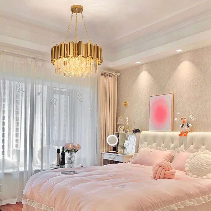 Modern Crystal Lighting 9 Lights Gold Chandelier Light Fixture Dining Room Chandeliers Living Room Bedroom Foyer Hallway Contemporary Chandelier with Light W22in