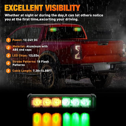 Nilight 12LED Emergency Strobe Traffic Advisor Light Bar 2 in 1 Amber Green Dash Warning Safety Flashing Lights Front/Rear Windshield Construction Lights for Trucks Cars Plow Police Vehicles