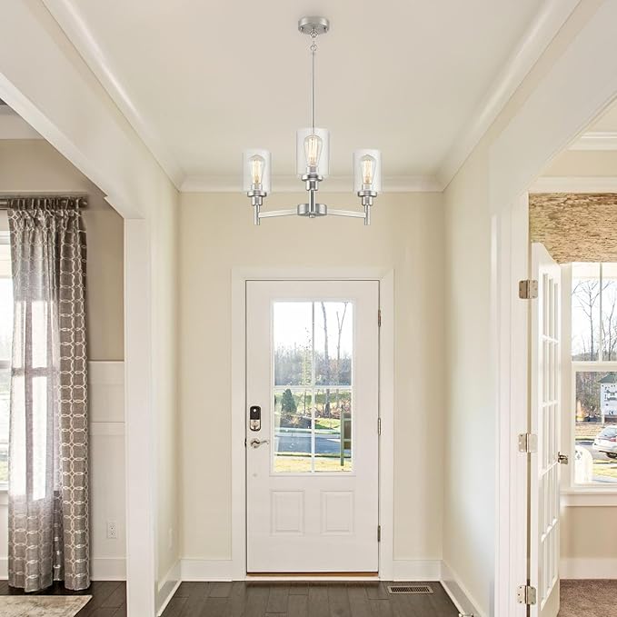 LIGHTDAMY 3 Lights Brushed Nickel Chandeliers for Dining Room Light Fixture Over Table, Entryway Chandelier for Foyer, Hallway Lighting Fixtures with Glass Shade for Kitchen Island Foyer Hallway