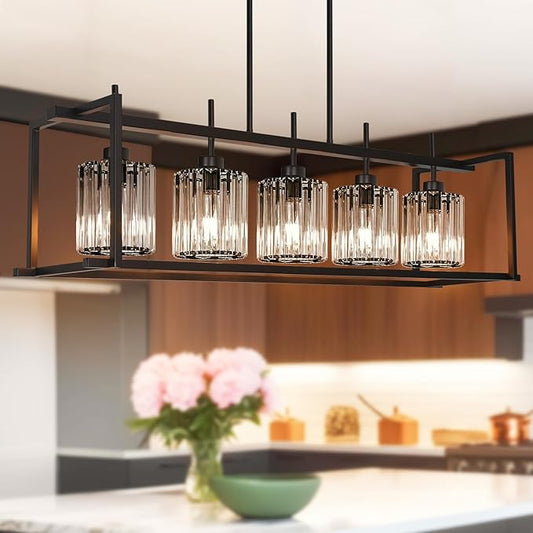 DSMJFU Black Farmhouse Rectangular Chandelier for Dining Room, 5-Light Linear Pendant Lighting, Rectangular Kitchen Island Light with Crystal Shades, Adjustable Height Rectangle Hanging Lighting