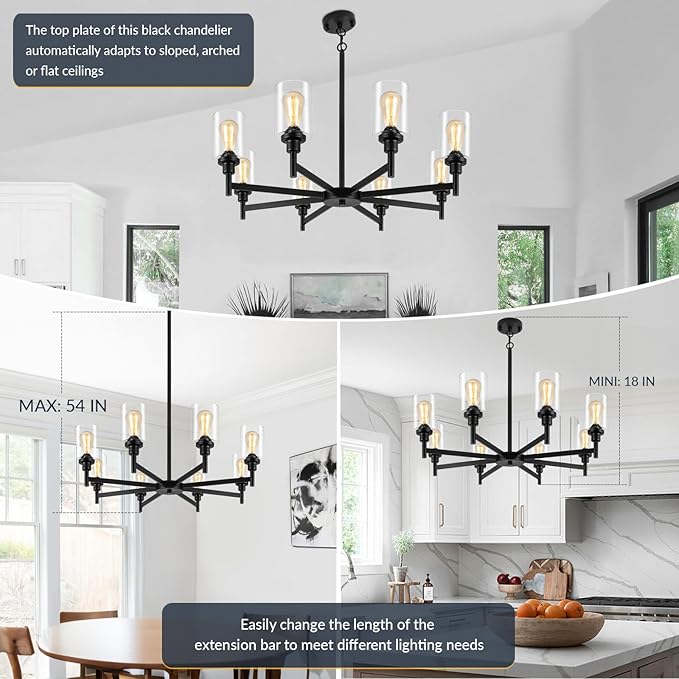 LIGHTDAMY Black Chandeliers for Dining Room Light Fixture, Modern Farmhouse Chandelier, 8 Lights with Clear Glass Shade Industrial Hanging Lighting for Living Room Kitchen Island Bedroom