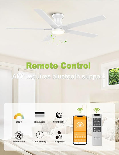 DAMINY 52 inch White Ceiling Fans with Lights,5 Blades,6CCT, Low Profile,Remote Control,for Bedroom, Kitchen,Living Room,Indoor/Outdoor Use,Flush Mount