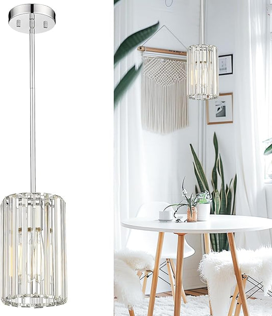 Polished Chrome Crystal Pendant Light, Modern Hanging Light Fixture, Mini Chandelier for Kitchen Dinning Room Bedroom, CKPL5510-1P-PC